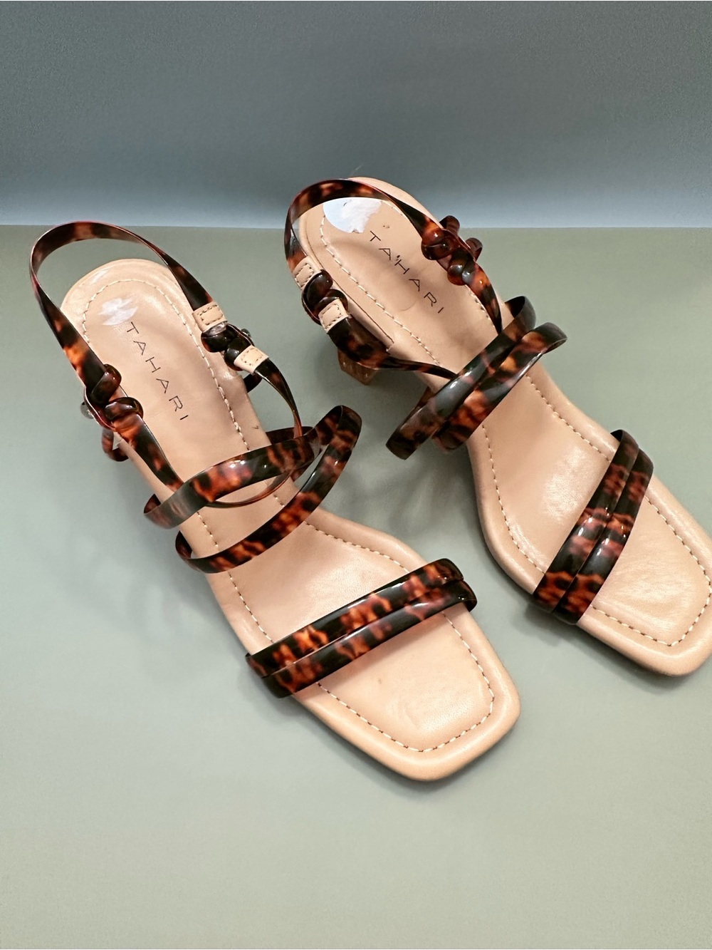 Tahari Tortoiseshell-Strap Sandals in Brown and Cream